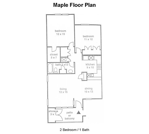 Floor plan for 2 beds, 1 bath, 1104 sqft